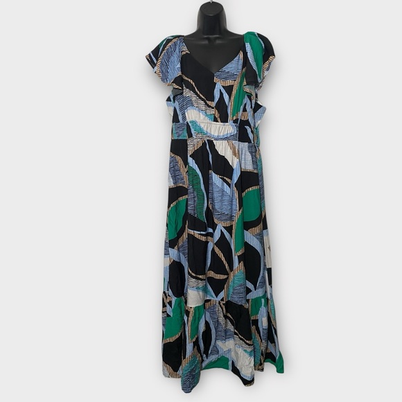 Nine West Blue Green & Black V-Neck Short Sleeve Maxi Dress Size XXL - Picture 1 of 8